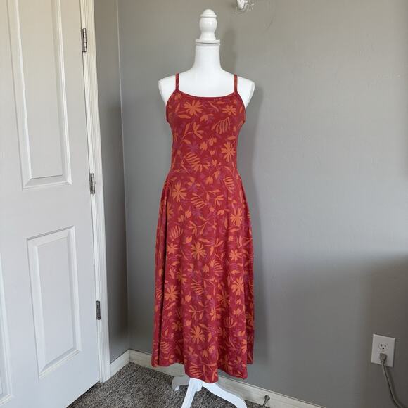 Pact Woman’s Sz L Fit and Flare Strappy Midi Dress Pink Pockets Organic Cotton - Picture 1 of 7